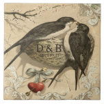 ヴィンテージラブバードフランスのネストデコ結婚アの日付 タイル<br><div class="desc">ヴィンテージアンティーク魅力的スウィート&ラブ鳥の巣フランスのデコーの日結婚付けセラミックパーソナライズされたタイル三徳</div>