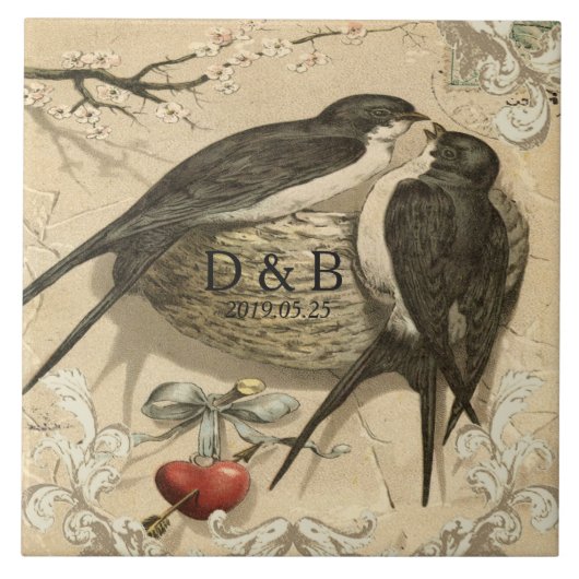 ヴィンテージラブバードフランスのネストデコ結婚アの日付 タイル (正面)