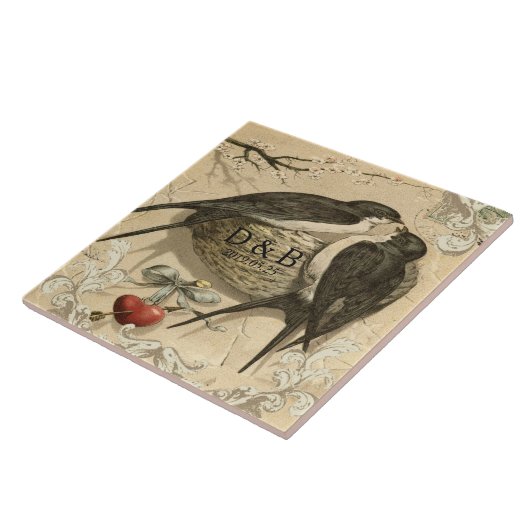ヴィンテージラブバードフランスのネストデコ結婚アの日付 タイル (側面)