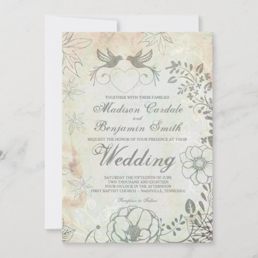 ヴィンテージラブバードフローラ結婚式招待状 招待状 (正面)