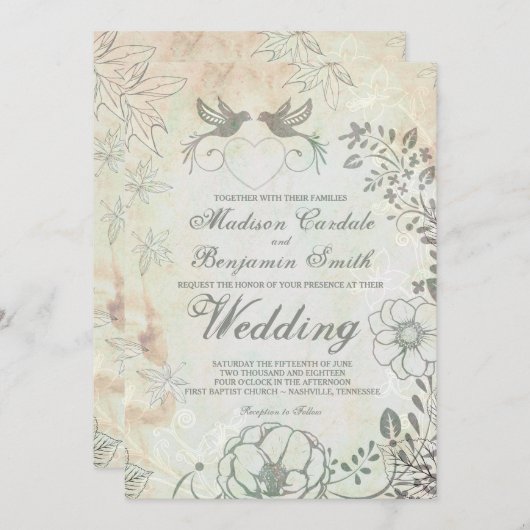 ヴィンテージラブバードフローラ結婚式招待状 招待状 (正面/裏面)