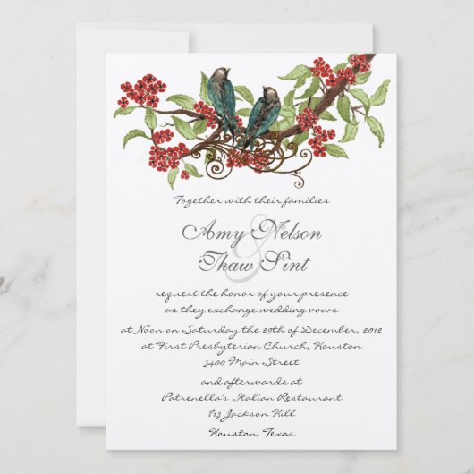 ヴィンテージラブバードレッドさくらんぼブロッサム結婚 招待状 (正面)