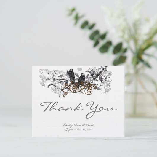 ヴィンテージラブバード白いフローラ結婚の感謝 サンキューカード (スタンド正面)