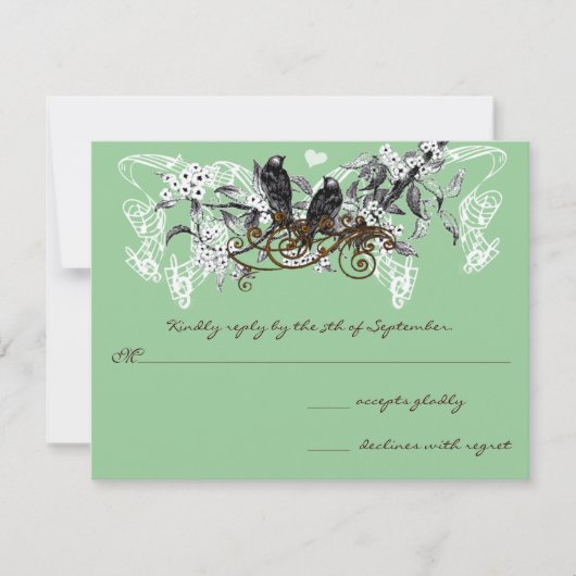 ヴィンテージラブバード白い花ブランチ結婚ズ 出欠カード (正面)