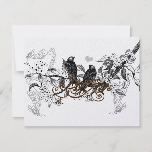 ヴィンテージラブバード白い花ブランチ結婚ズ 出欠カード (正面)