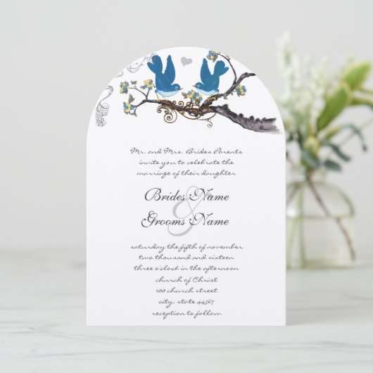 ヴィンテージラブバード黄色&ティール(緑がかった色)結婚式の招待 招待状 (スタンド正面)