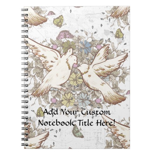 ヴィンテージラブバード、2つの白い鳩フローラ ノートブック (正面)