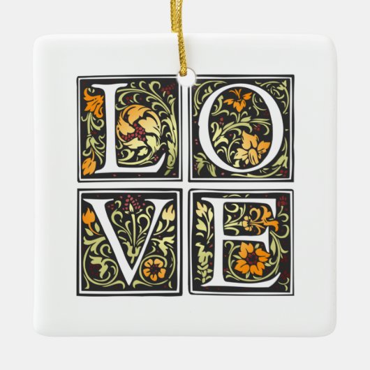 ヴィンテージラブフローラタイポグラフィバレンタインオーナメント セラミックオーナメント (正面)