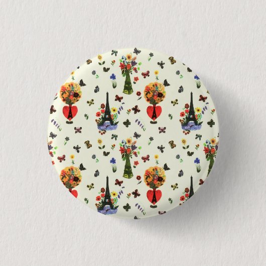 ヴィンテージラブフローラパリエッフェルタワーバタフライ 缶バッジ (正面)