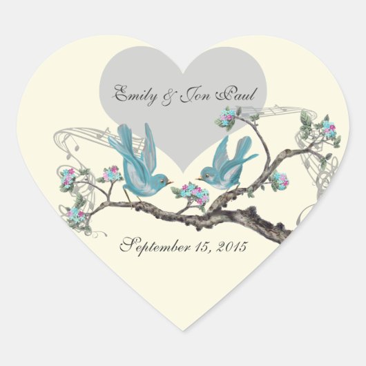 ヴィンテージラブホットピンクアクアバード結婚式用シール ハートシール (正面)