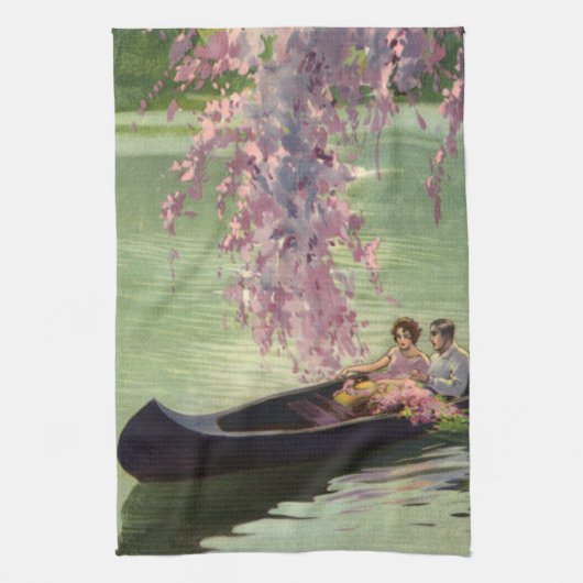 ヴィンテージラブ&ロマンス、ロマンチックなカヌー乗り キッチンタオル (縦)
