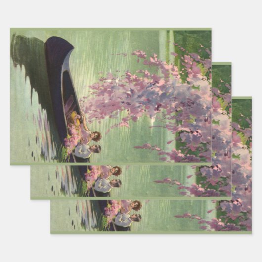 ヴィンテージラブ&ロマンス、ロマンチックなカヌー乗り ラッピングペーパーシート (セット)