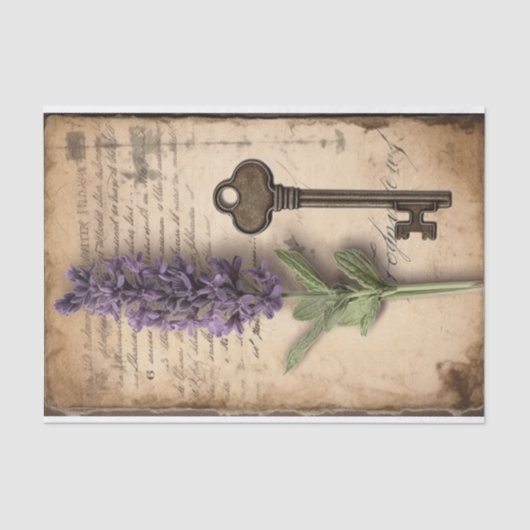 ヴィンテージラベンダーと古い紙デコページの鍵 薄葉紙 (正面)