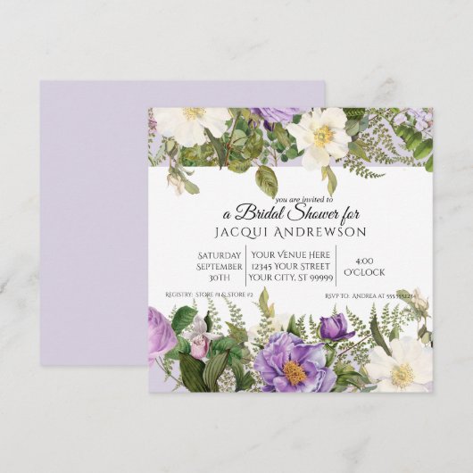 ヴィンテージラベンダーアイボリーバラフローラブライダルシャワー 招待状 (正面/裏面)
