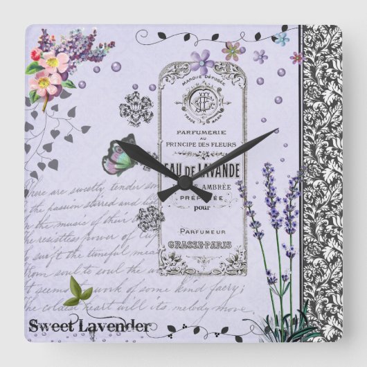 ヴィンテージラベンダーコラージュ スクエア壁時計 (正面)