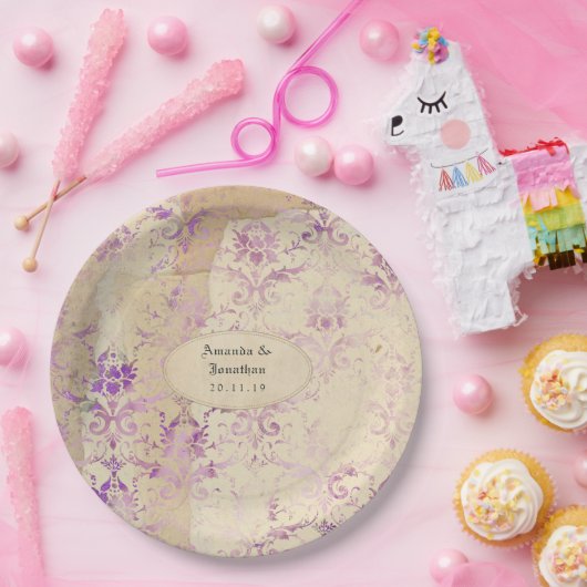ヴィンテージラベンダーダマスクウェディング ペーパープレート (パーティー)