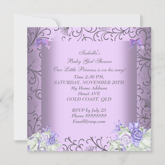 ヴィンテージラベンダーパープルグレーベビーシャワーガール 招待状 (裏面)