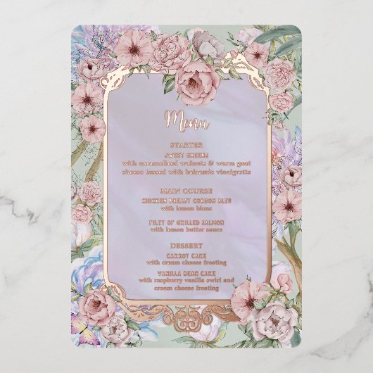 ヴィンテージラベンダーピ結婚オニーのフォイルメニューカード 箔招待状 (正面)