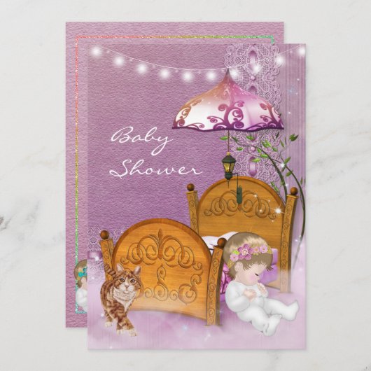 ヴィンテージラベンダーベビーシャワー招待状とベッド 招待状 (正面/裏面)