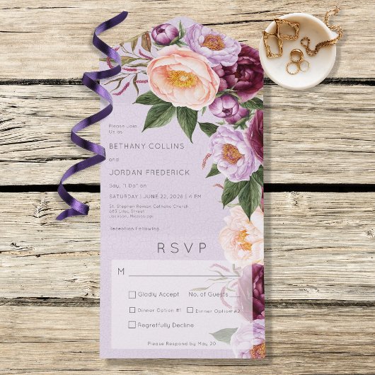 ヴィンテージラベンダーマルーン&ピーチピオニーズディナー オールインワン招待状