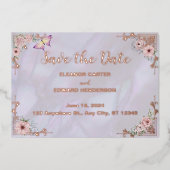 ヴィンテージラベンダー牡丹フォイル日付カードを保存 箔招待状 (正面)