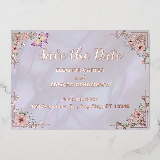 ヴィンテージラベンダー牡丹フォイル日付カードを保存 箔招待状 (正面)