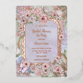 ヴィンテージラベンダー牡丹ブライダルシャワー茶パーティー 箔招待状 (正面)