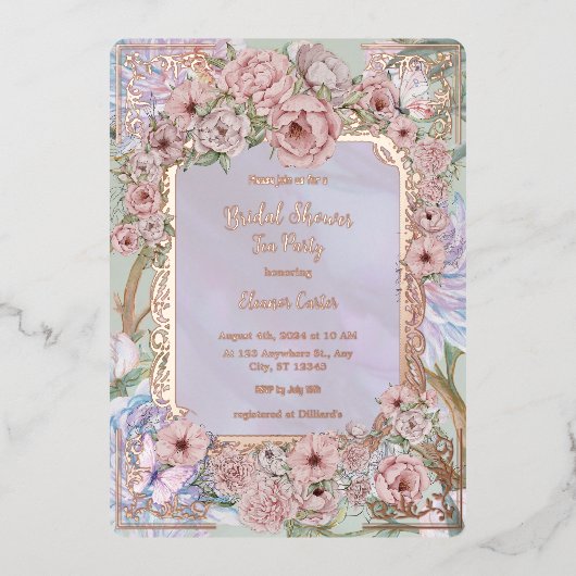 ヴィンテージラベンダー牡丹ブライダルシャワー茶パーティー 箔招待状 (正面)