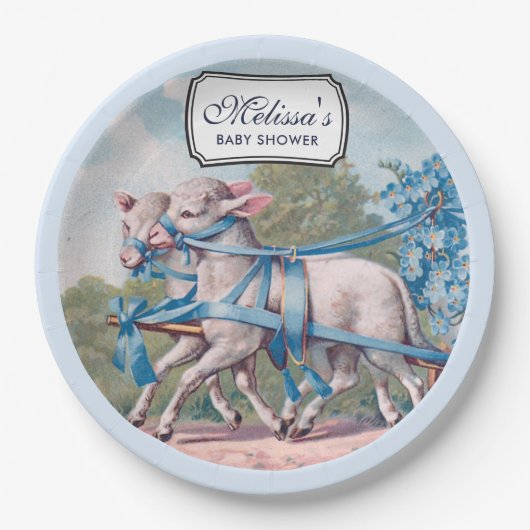 ヴィンテージラマが青いリボンを着て赤ちゃんシャワー ペーパープレート (正面)