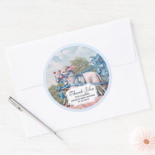 ヴィンテージラマが青いリボンを着て赤ちゃんシャワー ラウンドシール (封筒)