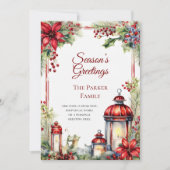 ヴィンテージランタンウォーターカラークリスマスホリデーカード シーズンカード (正面)