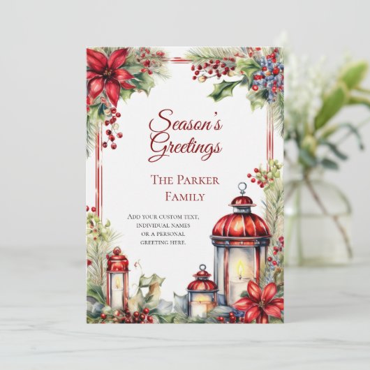 ヴィンテージランタンウォーターカラークリスマスホリデーカード シーズンカード (スタンド正面)