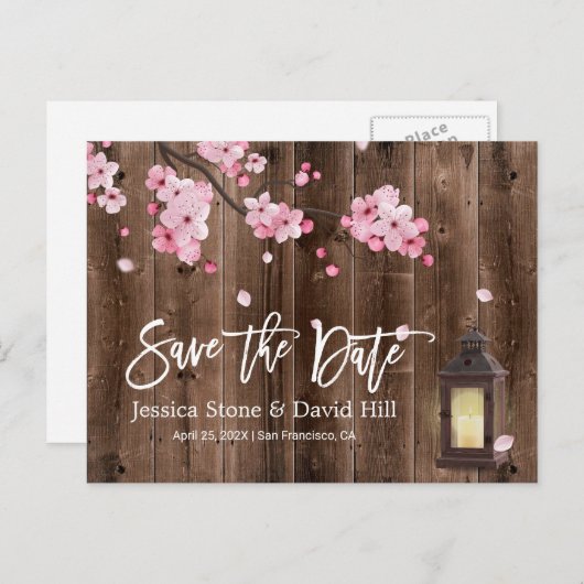 ヴィンテージランタンピンクフローラ結婚式の日付を保存 案内ポストカード (正面/裏面)