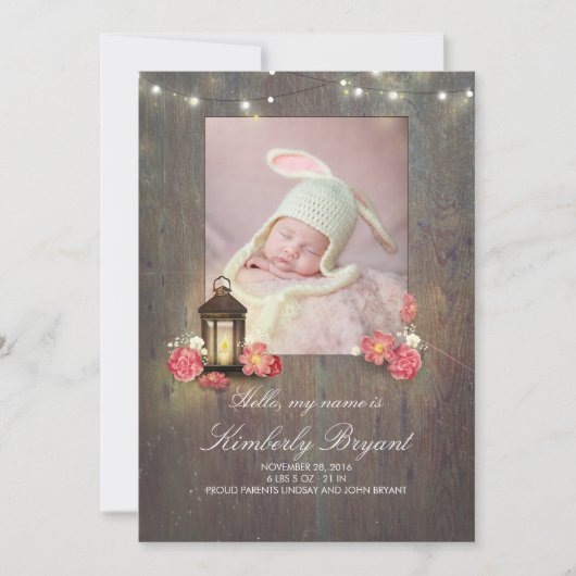 ヴィンテージランタン素朴と木材ベビー写真誕生 案内状 (正面)