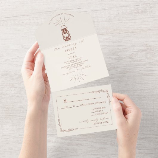 ヴィンテージランタン素朴フローラテラコッタ結婚ズA オールインワン招待状 (貼ってはがせる)