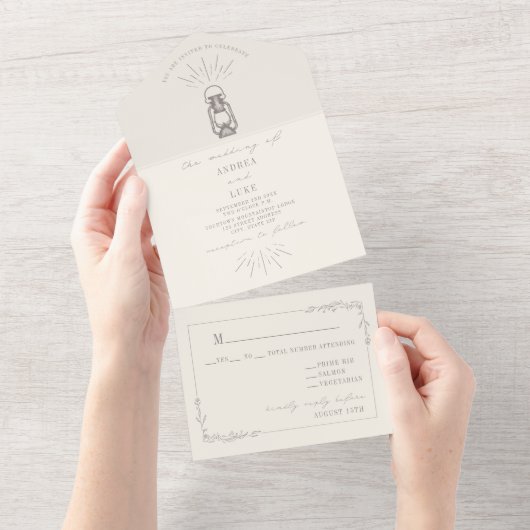 ヴィンテージランタン素朴フローラ結婚アメジスト オールインワン招待状 (貼ってはがせる)