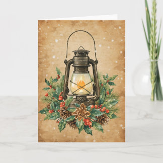 ヴィンテージランタン+ヒイラギ+パイン+レトロな雰囲気のホリデーギフト カード