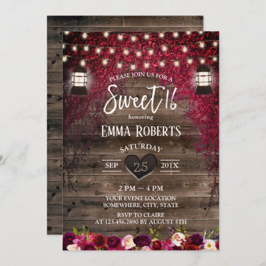 ヴィンテージランタ素朴ンオータムレッドフローラスウィート16 招待状 (正面/裏面)