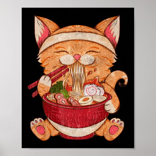 ヴィンテージラーメン日本の猫食かわいいアニメ女子 ポスター (正面)