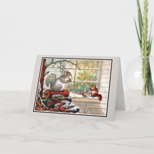 ヴィンテージリスとチップムンクのクリスマスカード シーズンカード (正面)