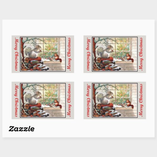 ヴィンテージリスとチップムンクのクリスマスステッカー 長方形シール (シート)