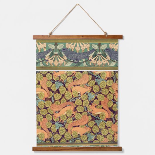 ヴィンテージリスとブルーバードの自然アート 吊り下げ型タペストリー (正面)