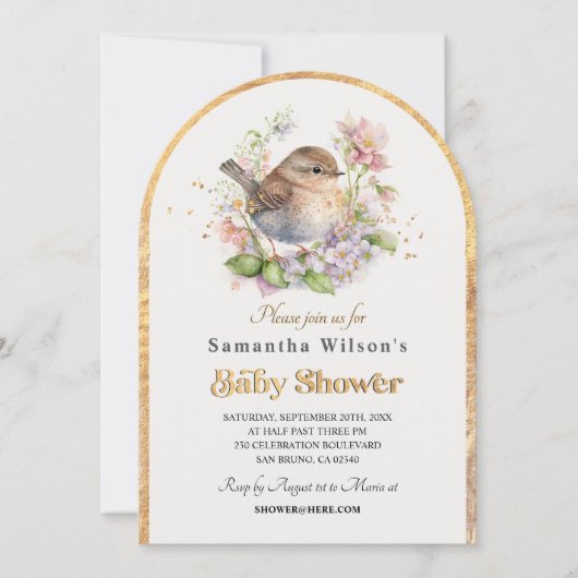 ヴィンテージリトルスパローフローラ春ベビースシャワー 招待状 (正面)