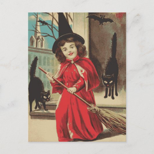 ヴィンテージリトルハロウィーン魔女と黒猫 シーズンポストカード (正面)