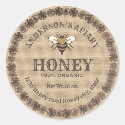 ヴィンテージリネンフローラミツバチapiar honey jarラベル ラウンドシール (正面)