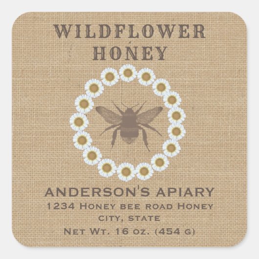 ヴィンテージリネンフローラ素朴な蜂蜜瓶ラベル スクエアシール (正面)