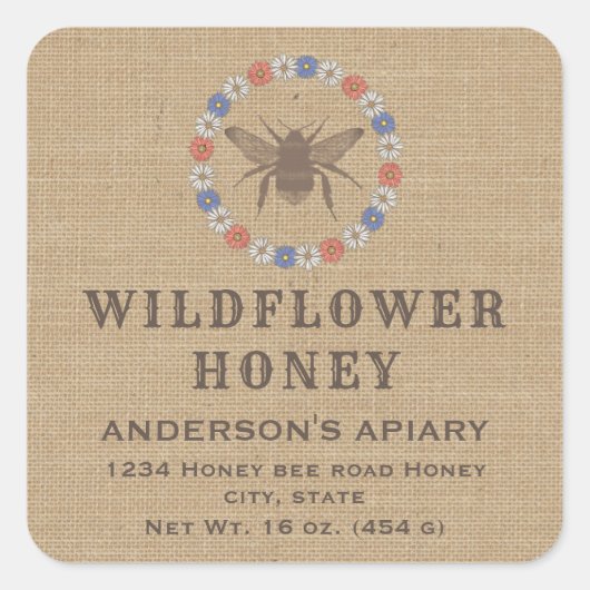 ヴィンテージリネンフローラ素朴な蜂蜜瓶ラベル スクエアシール (正面)