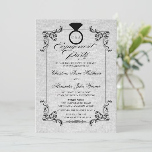 ヴィンテージリネンルック&オーナメント婚約パーティ 招待状 (スタンド正面)