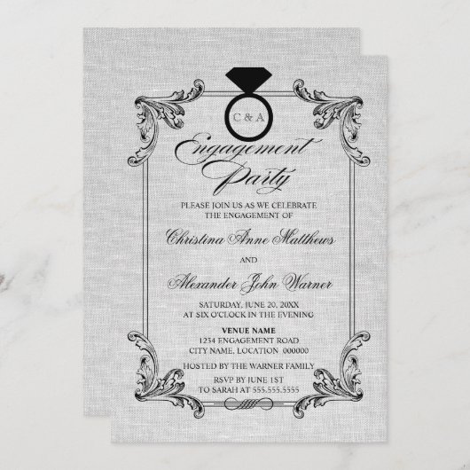 ヴィンテージリネンルック&オーナメント婚約パーティ 招待状 (正面/裏面)