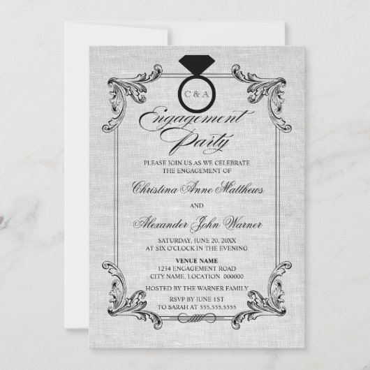 ヴィンテージリネンルック&オーナメント婚約パーティ 招待状 (正面)